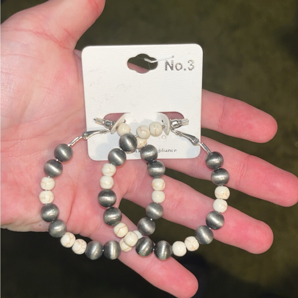 Silver and Cream Beaded Hoop Earrings